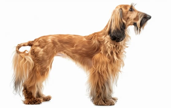 The profile of an Afghan Hound exudes a dignified charm, with a flowing mane and piercing gaze. Its well-groomed appearance speaks to the breed's storied elegance