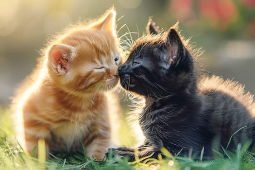 Two little fluffy red kittens on the lawn.