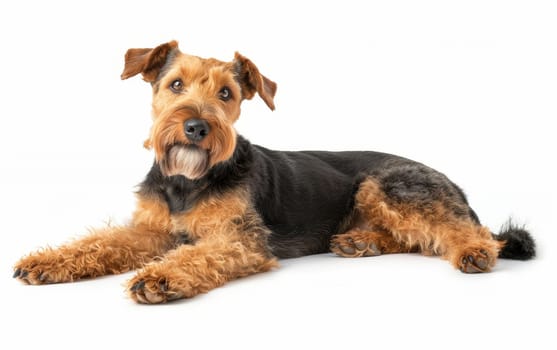 A serene Airedale Terrier lies down comfortably, its expressive eyes and distinctive tan curls capturing the essence of the breed's friendly nature. Its relaxed posture invites a moment of calm