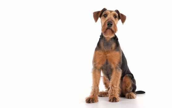 An attentive Airedale Terrier sits upright with watchful eye, showcasing its iconic black and tan coat and perked ears, the epitome of vigilance and intelligence in one of the largest terrier breeds