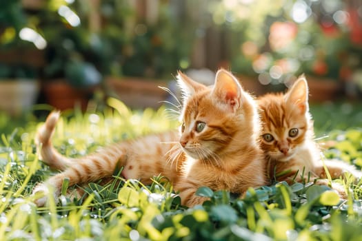 Two little fluffy red kittens on the lawn.
