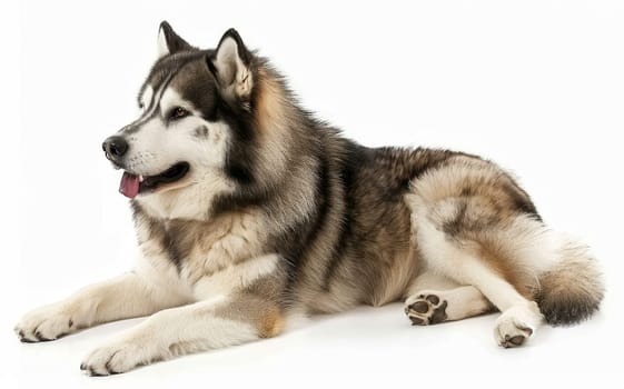 A serene Alaskan Malamute sleeps soundly, its luxurious coat and calm repose showcasing the breed's gentle and composed nature. The dog's peaceful slumber invites a sense of tranquility