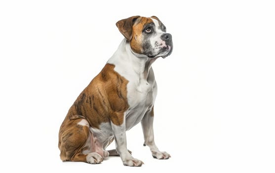 A regal American Bulldog sits with a dignified look, its brown and white coat perfectly groomed. This image captures the breed's robustness and gentle nature