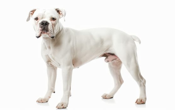 A white American Bulldog stands with a stoic expression, highlighting its muscular frame and focused gaze. The pure white coat contrasts sharply against the white background