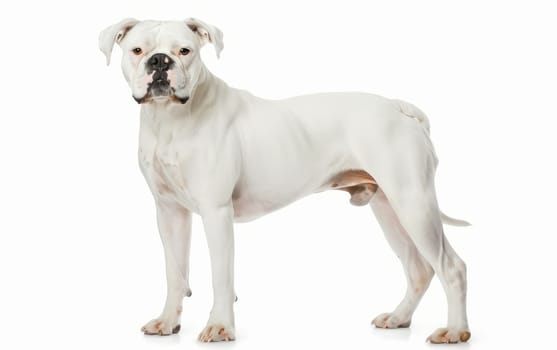 A white American Bulldog stands with a stoic expression, highlighting its muscular frame and focused gaze. The pure white coat contrasts sharply against the white background