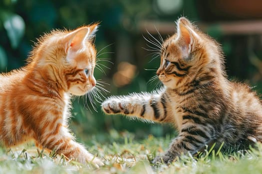 Two little fluffy red kittens on the lawn.