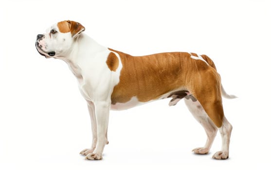 A brown and white American Bulldog stands in a classic pose, its strong body and attentive nature on full display. The contrasting coat colors enhance its dignified look