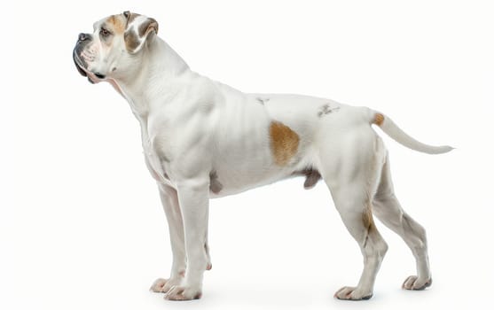 A brown and white American Bulldog stands in a classic pose, its strong body and attentive nature on full display. The contrasting coat colors enhance its dignified look