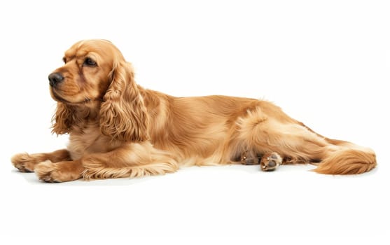 A golden American Cocker Spaniel lies down gracefully, its soft, wavy fur and gentle eyes exuding calmness. The dog's relaxed posture invites a sense of serenity