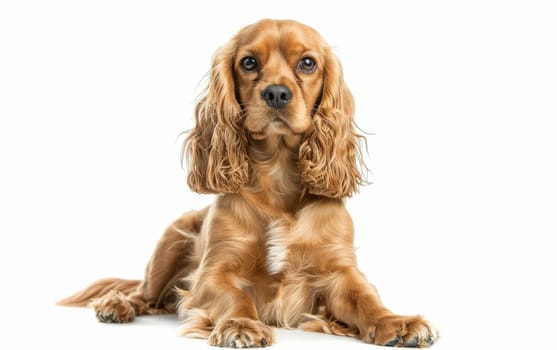 An American Cocker Spaniel sits with nobility, its shiny golden coat and attentive expression highlighting its friendly nature and elegance. The dog's proud posture embodies its breed's charm