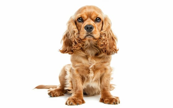 An American Cocker Spaniel sits with nobility, its shiny golden coat and attentive expression highlighting its friendly nature and elegance. The dog's proud posture embodies its breed's charm