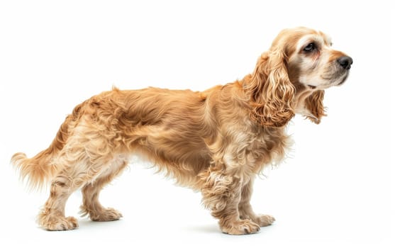 An alert American Cocker Spaniel stands with a gaze full of curiosity, its golden coat shimmering against the white background. This breed is known for its joyful and inquisitive nature