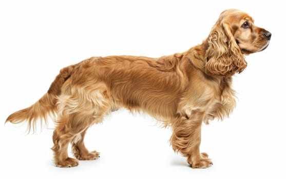 A poised American Cocker Spaniel stands in profile, showcasing its lush golden coat and refined silhouette. The breed's friendly disposition and beauty are on full display