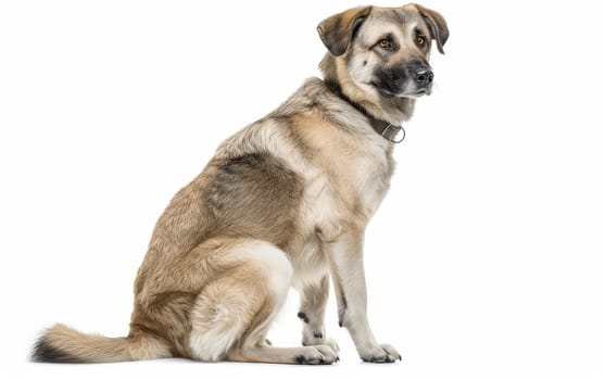 An Anatolian Shepherd Dog sits alert, its keen eyes and perked ears indicative of its vigilant nature. The tan coat with black markings adds to its noble appearance