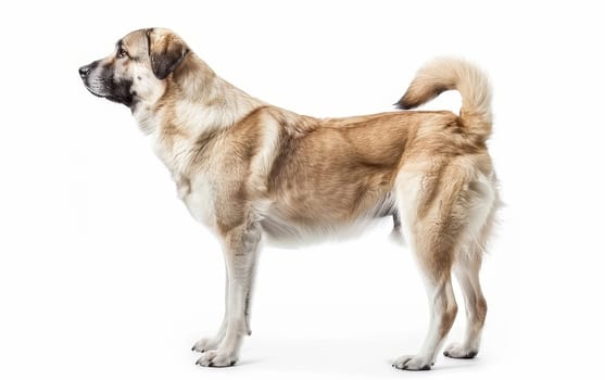 The profile of a majestic Anatolian Shepherd Dog showcases its alertness and strong features against a white backdrop. The tan and black fur coat highlights its impressive stature