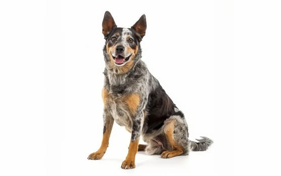 A cheerful Australian Cattle Dog sits attentively against a white background. Its alert eyes and perked ears showcase the breed's intelligence and energy