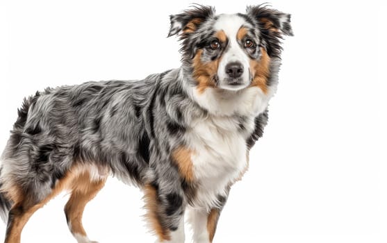 An Australian Shepherd gazes with piercing focus, its tricolor coat striking against the white backdrop. The dog exudes intelligence and a keen sense of awareness
