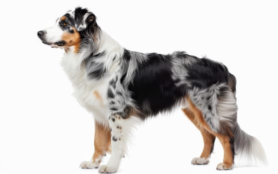 The profile of a regal Australian Shepherd is captured here, showing off its flowing coat and noble posture. This breed's attentiveness and strong herding lineage are evident