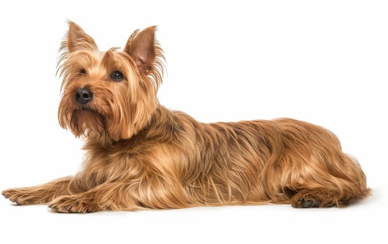 An Australian Silky Terrier lies elegantly, its long silky fur and keen expression reflecting a well-cared-for pet. Its perky ears suggest a lively temperament