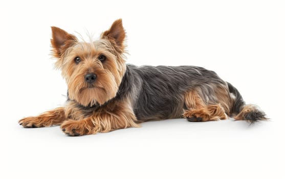 This Australian Silky Terrier relaxes on its side, showcasing its fine, glossy fur and alert yet calm demeanor. The dog's well-defined features stand out on the pristine background