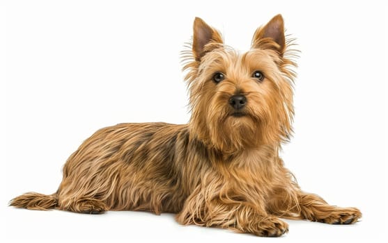 An Australian Silky Terrier lies elegantly, its long silky fur and keen expression reflecting a well-cared-for pet. Its perky ears suggest a lively temperament
