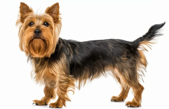 A confident Australian Silky Terrier stands alert, its tan and black coat shining and its small stature projecting a bold spirit