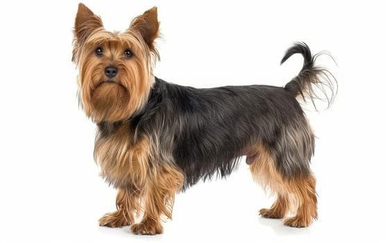 A confident Australian Silky Terrier stands alert, its tan and black coat shining and its small stature projecting a bold spirit