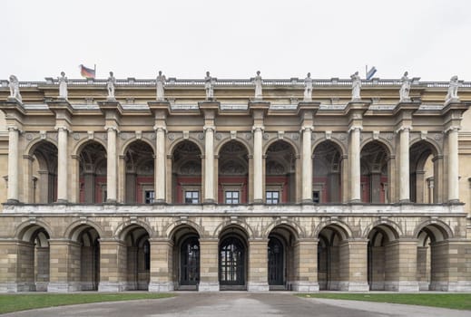 Munich, Germany - Dec 21, 2023 - Architecture exterior of The Munich Residence in Renaissance baroque style, View from the Court Garden, Space for text, Selective focus.