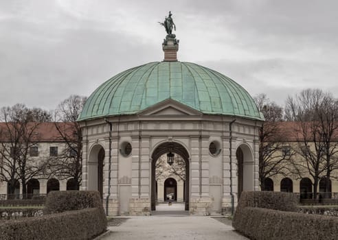 Munich, Germany - Dec 21, 2023 - View of The Diana Temple (Dianatempel) in the Munich Hofgarten at the garden of the Munich Residenz. Space for text, Selective focus.