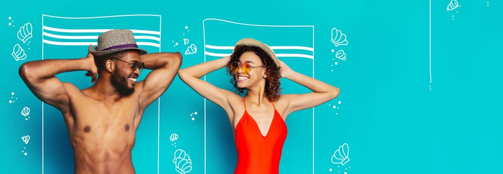 African American smiling man and woman are wearing hats and sunglasses, standing in front of a turquoise background with white drawings of beach towels and seashells, copy space
