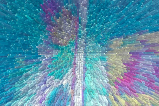 Futuristic background made of blue and other colored pixels subject to the extrusion effect. Simulation of a pixel explosion.