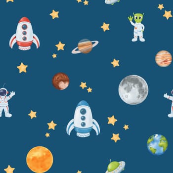 Watercolor seamless pattern of a starry sky. Yellow stars, planet Earth, an astronaut, rocket, moon, and sun. Cosmic theme for kids. for wallpapers, children's rooms, textiles, baby apparel, textbooks.