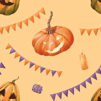 Seamless Halloween pattern. vibrant orange pumpkins with carved faces orange and purple candles festive flags garlands. Classic holiday elements in a watercolor illustration. for packaging, textiles.