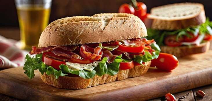 sandwich, extra bacon, seed bread displayed on wooden board in rustic diner