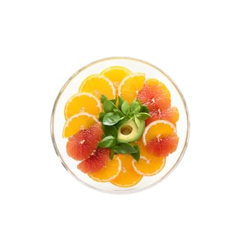 Citrus salad with mixed greens segmented oranges grapefruit and avocado drizzled with a honey lime. Food isolated on transparent background