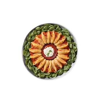 Stuffed Shells Mandala jumbo pasta shells filled with ricotta and spinach spiraling into a symmetrical. Food isolated on transparent background.