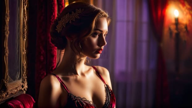 Model in romantic velvet lingerie deep reds and purples candlelit ambiance vintage romance.