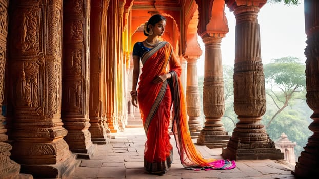 A model in a traditional Indian sari with her long legs in stockings that complement.