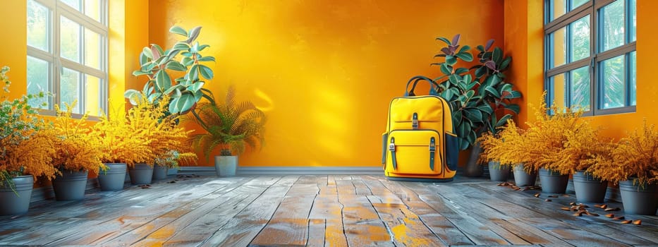 Back to school concept. A backpack and an apple sit on a wooden table with a blurred background of a bookshelf and plants, evoking a back-to-school theme.