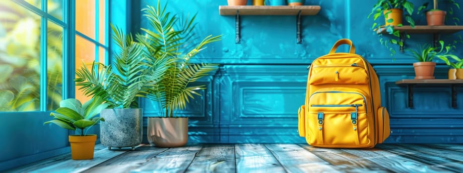 Back to school concept. A backpack and an apple sit on a wooden table with a blurred background of a bookshelf and plants, evoking a back-to-school theme.
