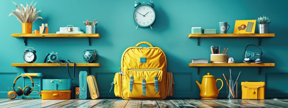 Back to school concept. A backpack and an apple sit on a wooden table with a blurred background of a bookshelf and plants, evoking a back-to-school theme.