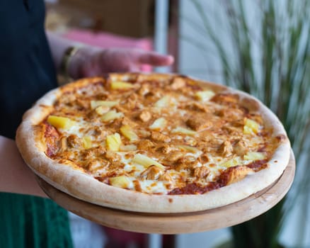 Pizza on wooden table top view. Fast food. Post blog social media. with copy space. Pizza ready to eat. High quality photo