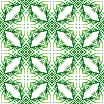 Ikat repeating swimwear design. Green fantastic boho chic summer design. Watercolor ikat repeating tile border. Textile ready valuable print, swimwear fabric, wallpaper, wrapping.
