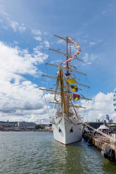 Finland, Helsinki - July 5th 2024: The Tall Ships Races 2024 in Finland, view of ship Dar Mlodziezy and Pogoria and visitors at Helsinki Old Market Square