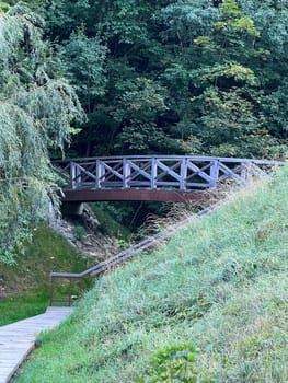 a wooden bridge over rocks in the forest in germany. High quality photo