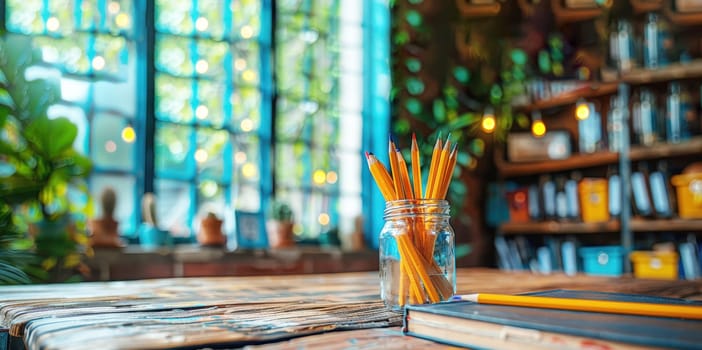 Back to school concept. Sunlit classroom with a jar of pencils on a wooden table, surrounded by lush greenery and soft, glowing lights, creating an inspiring study space.