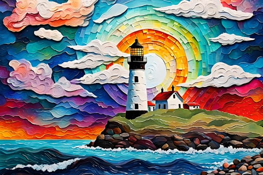 A lighthouse at sunset with clouds. Mixed arts