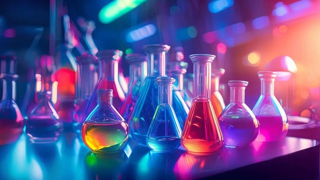 Various flasks filled with vibrant colored liquids in a laboratory setting. Scientific background.
