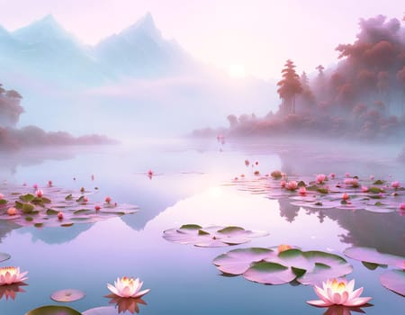 Magic Himalayan steam lake with lotuses floating on the water.