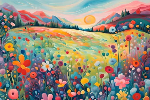 Colorful meadow with many flowers, painted in a modern surreal way